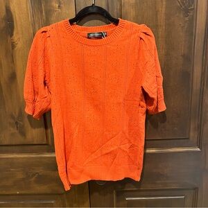 Merokeety Orange Red Pointelle Sweater with Puffed Sleeves NWT